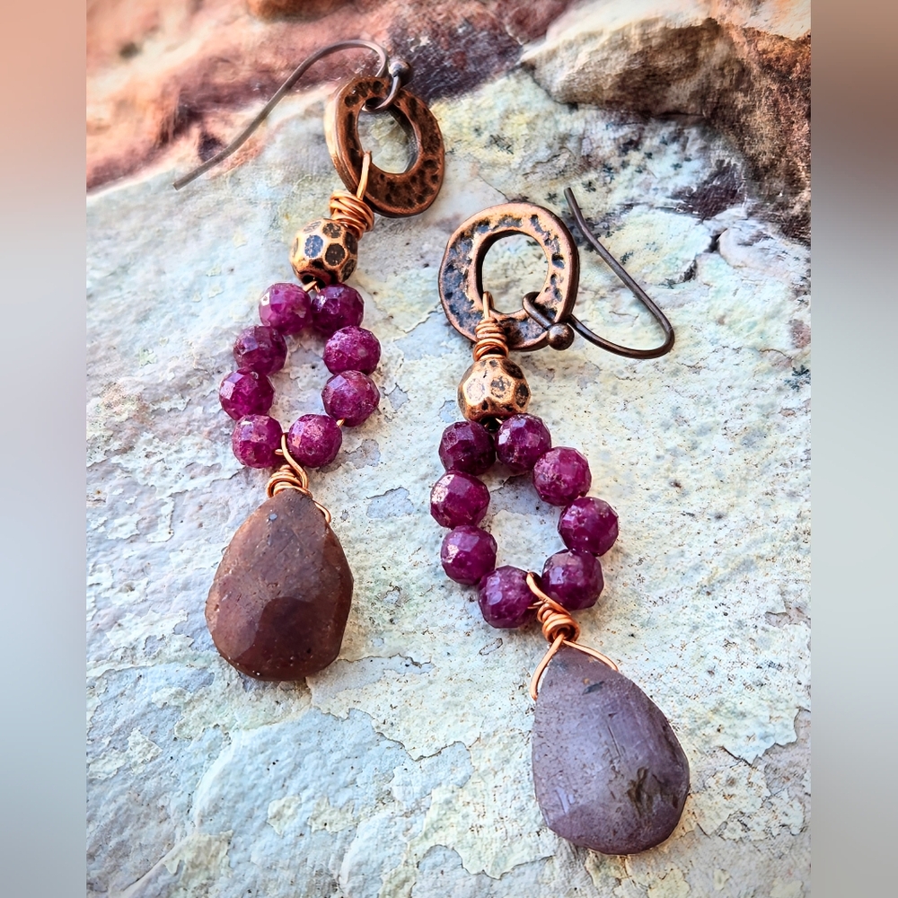 Vedic Influenced Raw Magenta Ruby In Hammered Antique Copper For A Deva Earrings